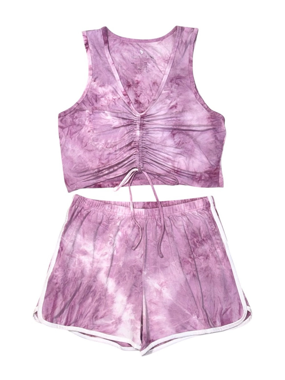 Purple Tie-Dye Lounge Set Size XL Ruched Drawstring Top Athletic Shorts